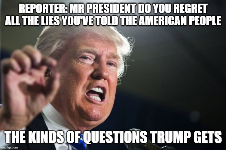 The kinds of questions Trump gets | REPORTER: MR PRESIDENT DO YOU REGRET ALL THE LIES YOU'VE TOLD THE AMERICAN PEOPLE; THE KINDS OF QUESTIONS TRUMP GETS | image tagged in donald trump,fake news | made w/ Imgflip meme maker