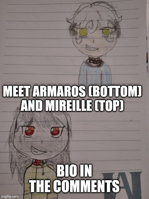 Armaros (bottom) and Mireille (top) | MEET ARMAROS (BOTTOM) AND MIREILLE (TOP); BIO IN THE COMMENTS | image tagged in oc | made w/ Imgflip meme maker