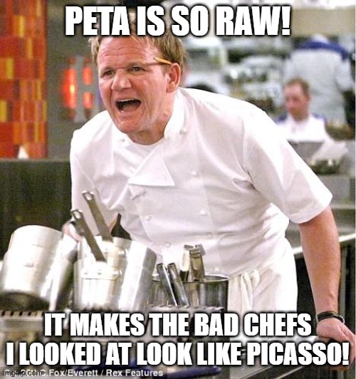 Gordon Ramsay yells at Peta | PETA IS SO RAW! IT MAKES THE BAD CHEFS I LOOKED AT LOOK LIKE PICASSO! | image tagged in memes,chef gordon ramsay | made w/ Imgflip meme maker