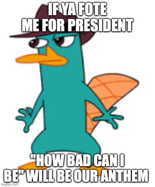 IF YA FOTE ME FOR PRESIDENT; "HOW BAD CAN I BE" WILL BE OUR ANTHEM | image tagged in perry | made w/ Imgflip meme maker