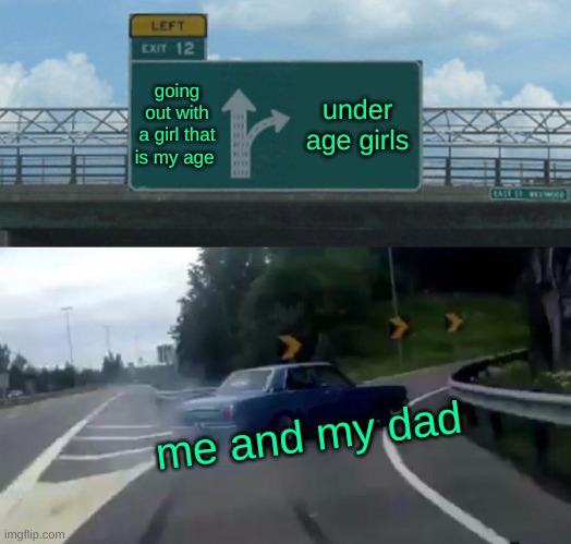 drift | going out with a girl that is my age; under age girls; me and my dad | image tagged in memes,left exit 12 off ramp | made w/ Imgflip meme maker