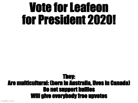 I saw everybody doing this so I wanted to do it | Vote for Leafeon for President 2020! They:
Are multicultural: (born in Australia, lives in Canada)
Do not support bullies
Will give everybody free upvotes | image tagged in blank white template | made w/ Imgflip meme maker