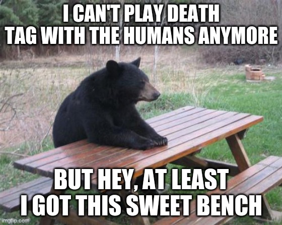 Bad Luck Bear | I CAN'T PLAY DEATH TAG WITH THE HUMANS ANYMORE; BUT HEY, AT LEAST I GOT THIS SWEET BENCH | image tagged in memes,bad luck bear | made w/ Imgflip meme maker