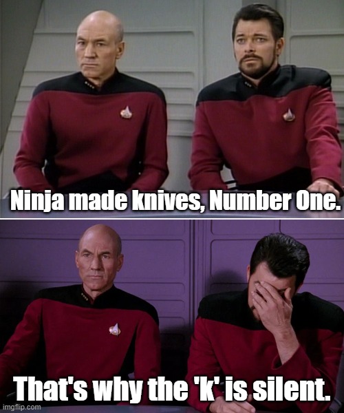 Picard Riker listening to a pun | Ninja made knives, Number One. That's why the 'k' is silent. | image tagged in picard riker listening to a pun,ninja,knives | made w/ Imgflip meme maker
