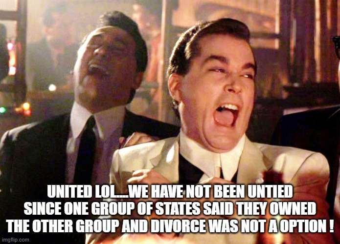 Good Fellas Hilarious Meme | UNITED LOL....WE HAVE NOT BEEN UNTIED SINCE ONE GROUP OF STATES SAID THEY OWNED THE OTHER GROUP AND DIVORCE WAS NOT A OPTION ! | image tagged in memes,good fellas hilarious | made w/ Imgflip meme maker