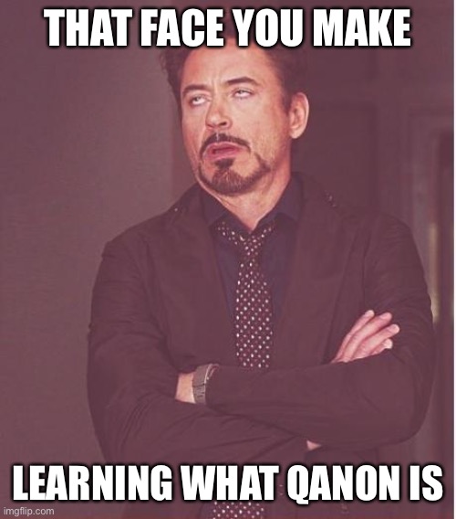 Face You Make Robert Downey Jr Meme | THAT FACE YOU MAKE; LEARNING WHAT QANON IS | image tagged in memes,face you make robert downey jr | made w/ Imgflip meme maker