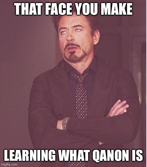Face You Make Robert Downey Jr | THAT FACE YOU MAKE; LEARNING WHAT QANON IS | image tagged in memes,face you make robert downey jr | made w/ Imgflip meme maker