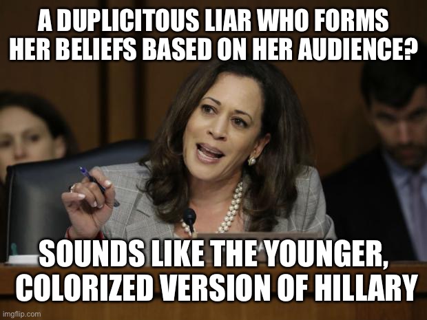 Kamala Harris | A DUPLICITOUS LIAR WHO FORMS HER BELIEFS BASED ON HER AUDIENCE? SOUNDS LIKE THE YOUNGER,  COLORIZED VERSION OF HILLARY | image tagged in kamala harris,democrats,traitors,woke,communist socialist,progressives | made w/ Imgflip meme maker
