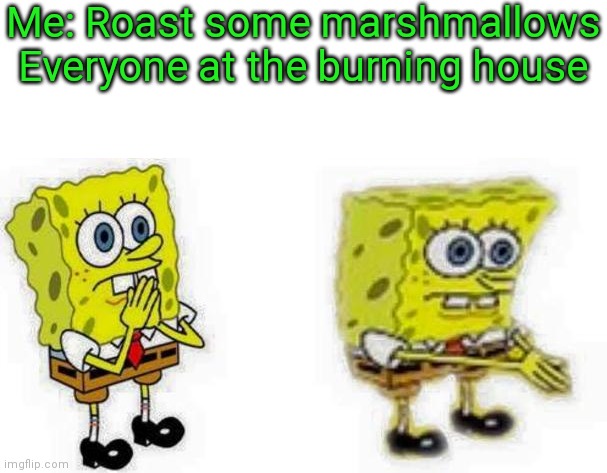 I say this meme idea on the popular page, I just put it on a different template | Me: Roast some marshmallows
Everyone at the burning house | image tagged in spongebob inhale boi,memes | made w/ Imgflip meme maker
