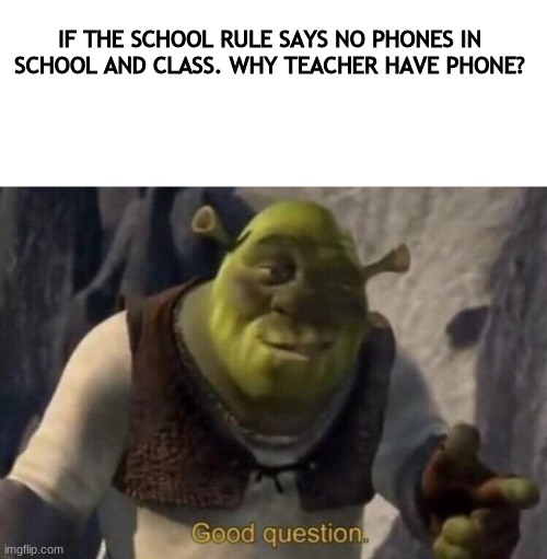 Shrek good question | IF THE SCHOOL RULE SAYS NO PHONES IN SCHOOL AND CLASS. WHY TEACHER HAVE PHONE? | image tagged in shrek good question | made w/ Imgflip meme maker