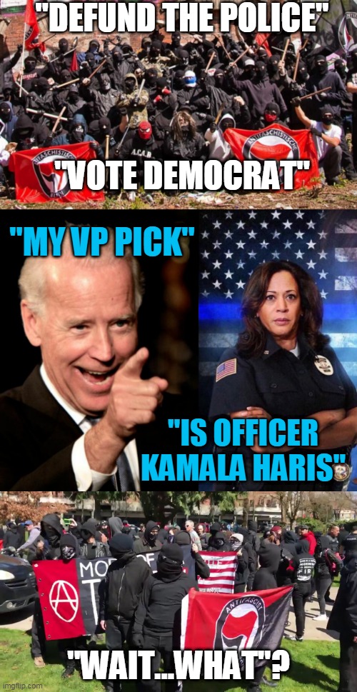 LIBERAL LOGIC | "DEFUND THE POLICE"; "VOTE DEMOCRAT"; "MY VP PICK"; "IS OFFICER KAMALA HARIS"; "WAIT...WHAT"? | image tagged in antifa,joe biden,kamala harris,liberal logic | made w/ Imgflip meme maker