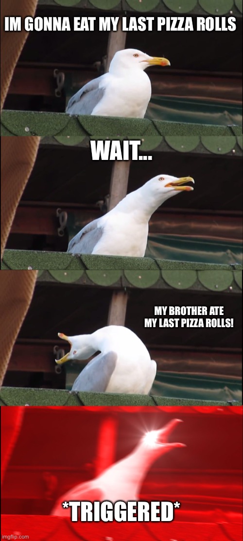 Inhaling Seagull Meme | IM GONNA EAT MY LAST PIZZA ROLLS; WAIT... MY BROTHER ATE MY LAST PIZZA ROLLS! *TRIGGERED* | image tagged in memes,inhaling seagull | made w/ Imgflip meme maker