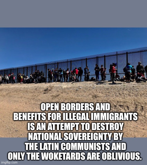 OPEN BORDERS AND BENEFITS FOR ILLEGAL IMMIGRANTS IS AN ATTEMPT TO DESTROY NATIONAL SOVEREIGNTY BY THE LATIN COMMUNISTS AND ONLY THE WOKETARD | made w/ Imgflip meme maker