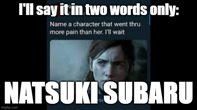 The character who went through the most pain is... | I'll say it in two words only:; NATSUKI SUBARU | image tagged in funny,truth,rezero | made w/ Imgflip meme maker