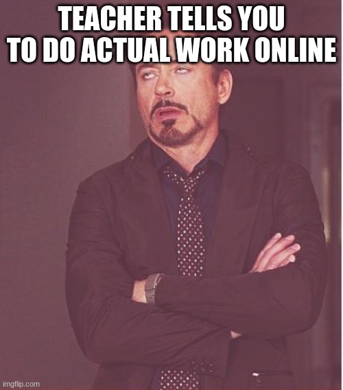 Face You Make Robert Downey Jr Meme | TEACHER TELLS YOU TO DO ACTUAL WORK ONLINE | image tagged in memes,face you make robert downey jr | made w/ Imgflip meme maker