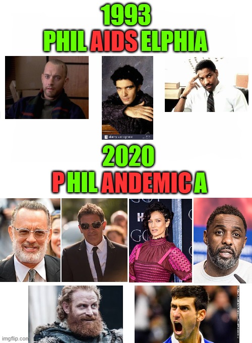 28 days later. No, 28 weeks later. Sorry, I meant 27 years later, a Harvey Weinstein movie | 1993; PHIL; AIDS; ELPHIA; 2020; HIL; A; ANDEMIC; P | image tagged in blank starter pack meme,coronavirus,tom hanks,dark humor,game of thrones,denzel washington | made w/ Imgflip meme maker