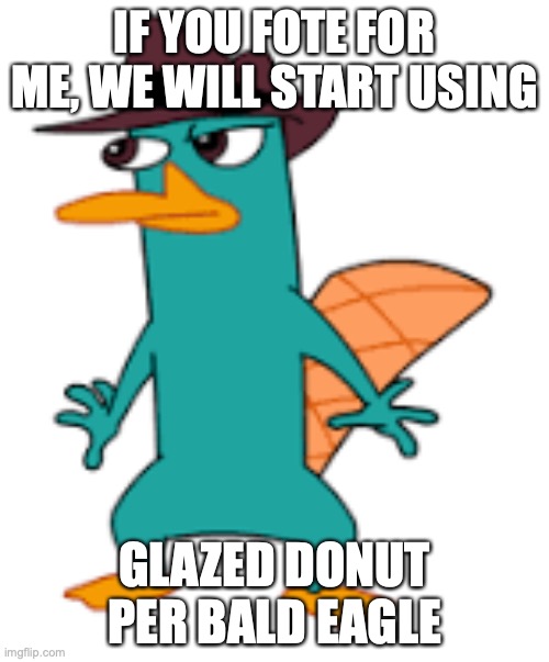 IF YOU FOTE FOR ME, WE WILL START USING; GLAZED DONUT PER BALD EAGLE | image tagged in perry | made w/ Imgflip meme maker