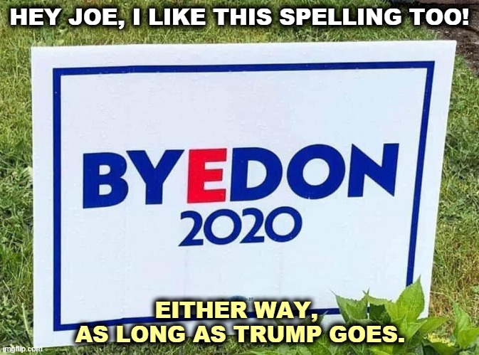 A great lawn sign. | HEY JOE, I LIKE THIS SPELLING TOO! EITHER WAY, 
AS LONG AS TRUMP GOES. | image tagged in biden or byedon as long as trump goes,biden,bye,don,sign | made w/ Imgflip meme maker