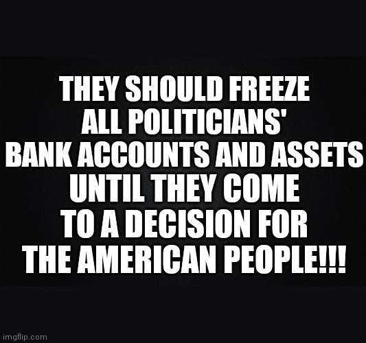 Plain black | UNTIL THEY COME TO A DECISION FOR THE AMERICAN PEOPLE!!! THEY SHOULD FREEZE ALL POLITICIANS' BANK ACCOUNTS AND ASSETS | image tagged in plain black | made w/ Imgflip meme maker