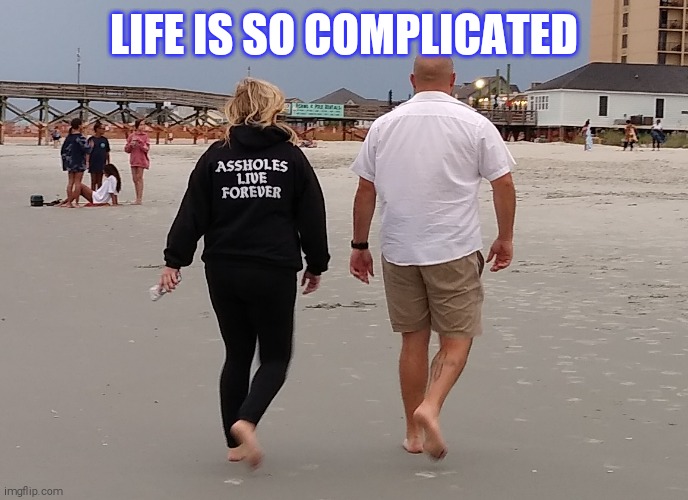 A-holes walking | LIFE IS SO COMPLICATED | image tagged in assholes,beach,assholes walking,t shirts | made w/ Imgflip meme maker