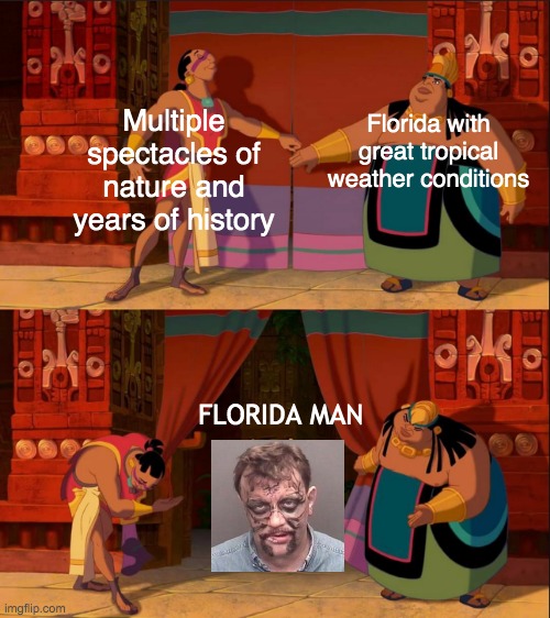 when your state with astounding beauty and diversity gets wrecked by a naked drunk man going boogaloo | Multiple spectacles of nature and years of history; Florida with great tropical weather conditions; FLORIDA MAN | image tagged in florida,florida man | made w/ Imgflip meme maker
