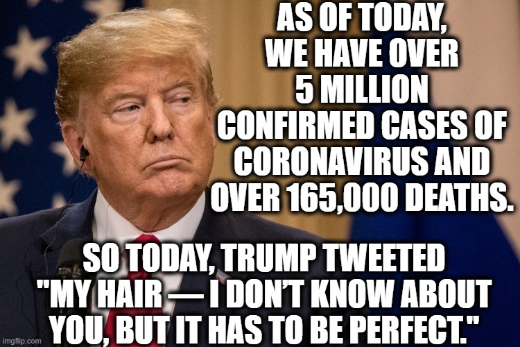 I Really Wish I Was Making This Stupid Sh!t Up. | AS OF TODAY, WE HAVE OVER 5 MILLION CONFIRMED CASES OF CORONAVIRUS AND OVER 165,000 DEATHS. SO TODAY, TRUMP TWEETED "MY HAIR — I DON’T KNOW ABOUT YOU, BUT IT HAS TO BE PERFECT." | image tagged in donald trump,coronavirus,covid-19,tweet,americans,hair | made w/ Imgflip meme maker