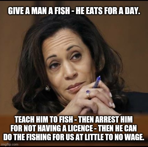 Ooooof | GIVE A MAN A FISH - HE EATS FOR A DAY. TEACH HIM TO FISH - THEN ARREST HIM FOR NOT HAVING A LICENCE - THEN HE CAN DO THE FISHING FOR US AT LITTLE TO NO WAGE. | image tagged in kamala harris | made w/ Imgflip meme maker