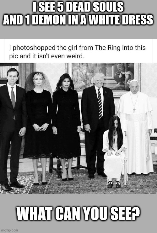 trump | I SEE 5 DEAD SOULS AND 1 DEMON IN A WHITE DRESS; WHAT CAN YOU SEE? | image tagged in family | made w/ Imgflip meme maker