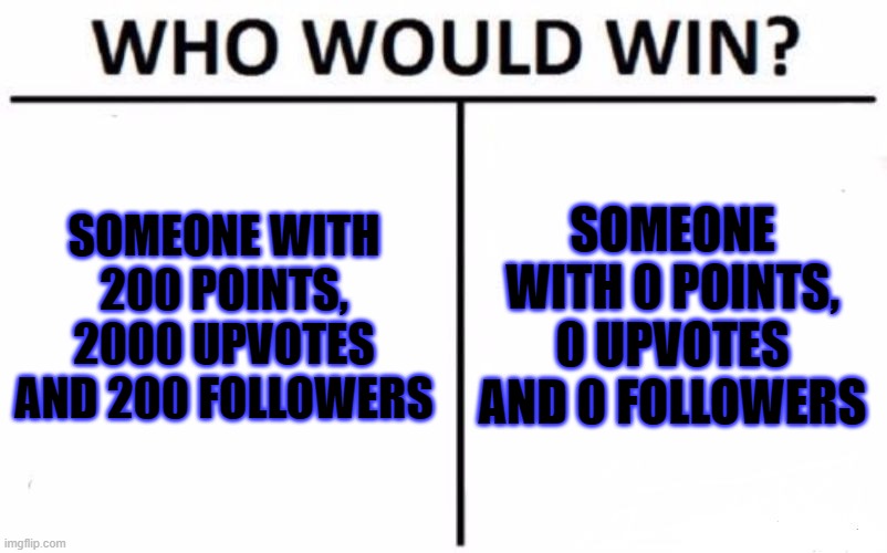 who would win | SOMEONE WITH 200 POINTS, 2000 UPVOTES AND 200 FOLLOWERS; SOMEONE WITH 0 POINTS, 0 UPVOTES AND 0 FOLLOWERS | image tagged in memes,who would win | made w/ Imgflip meme maker