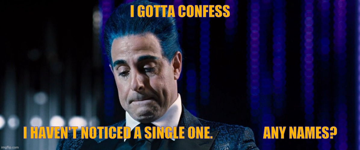 Hunger Games - Caesar Flickerman (Stanley Tucci) | I GOTTA CONFESS I HAVEN'T NOTICED A SINGLE ONE.                   ANY NAMES? | image tagged in hunger games - caesar flickerman stanley tucci | made w/ Imgflip meme maker