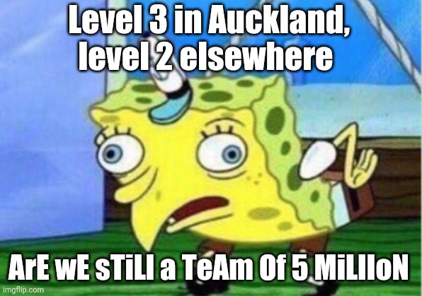 Mocking Spongebob Meme | Level 3 in Auckland, level 2 elsewhere; ArE wE sTiLl a TeAm Of 5 MiLlIoN | image tagged in memes,mocking spongebob | made w/ Imgflip meme maker