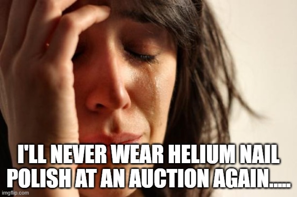 First World Problems | I'LL NEVER WEAR HELIUM NAIL POLISH AT AN AUCTION AGAIN..... | image tagged in memes,first world problems | made w/ Imgflip meme maker