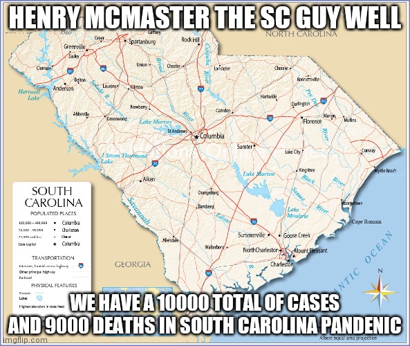 South Carolina | HENRY MCMASTER THE SC GUY WELL; WE HAVE A 10000 TOTAL OF CASES AND 9000 DEATHS IN SOUTH CAROLINA PANDENIC | image tagged in south carolina | made w/ Imgflip meme maker