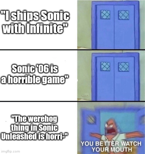 Sonic Fanbase be like | "I ships Sonic with Infinite"; Sonic '06 is a horrible game"; "The werehog thing in Sonic Unleashed is horri-" | image tagged in you better watch your mouth | made w/ Imgflip meme maker