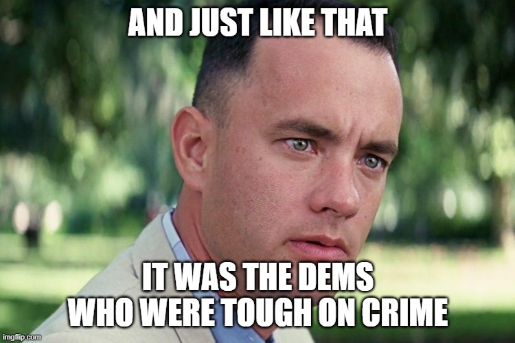 Biden-Harris | AND JUST LIKE THAT; IT WAS THE DEMS WHO WERE TOUGH ON CRIME | image tagged in forrest gump - and just like that - hd,election 2020,biden,harris | made w/ Imgflip meme maker