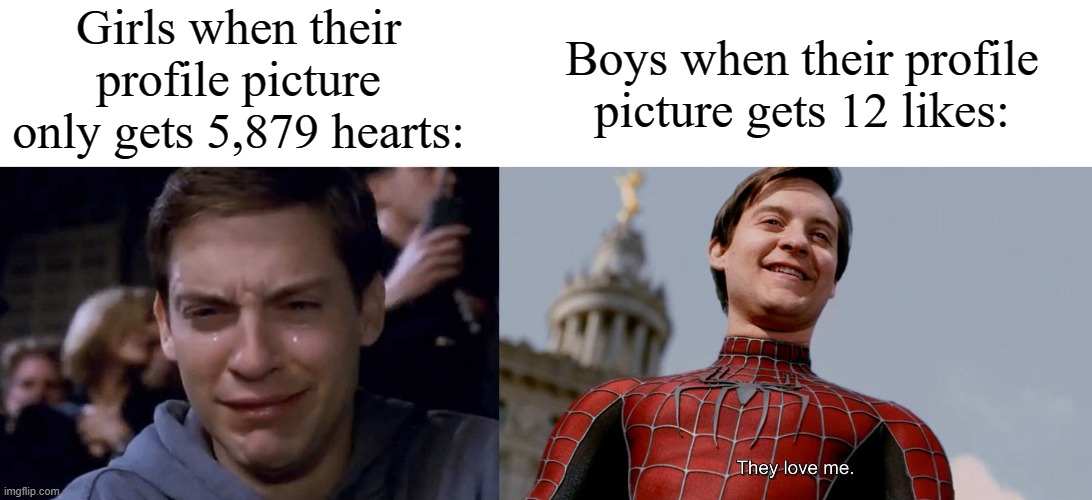 Girls when their profile picture only gets 5,879 hearts:; Boys when their profile picture gets 12 likes: | image tagged in peter parker crying,they love me | made w/ Imgflip meme maker