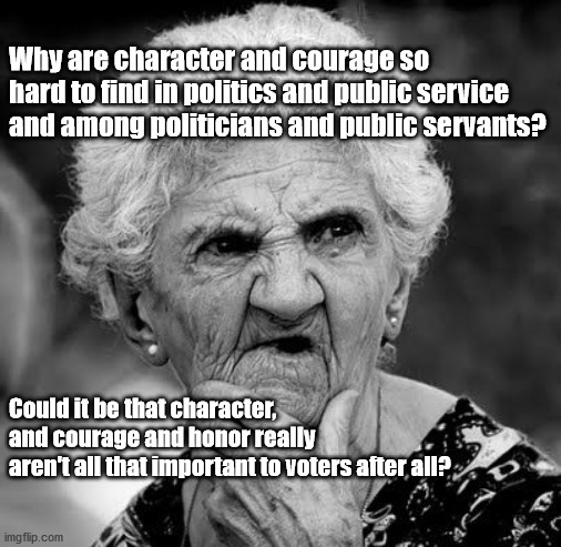 what voters want | Why are character and courage so hard to find in politics and public service and among politicians and public servants? Could it be that character, and courage and honor really
aren't all that important to voters after all? | image tagged in corruption,incompetence | made w/ Imgflip meme maker