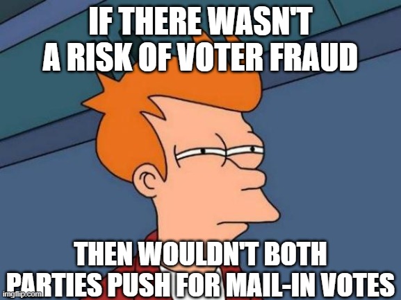 Futurama Fry Meme | IF THERE WASN'T A RISK OF VOTER FRAUD THEN WOULDN'T BOTH PARTIES PUSH FOR MAIL-IN VOTES | image tagged in memes,futurama fry | made w/ Imgflip meme maker