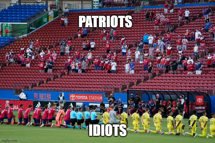 America has a choice | PATRIOTS; IDIOTS | image tagged in blm,take a knee | made w/ Imgflip meme maker