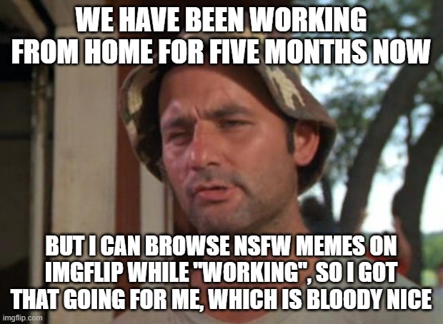 All clouds have a silver lining, I guess |  WE HAVE BEEN WORKING FROM HOME FOR FIVE MONTHS NOW; BUT I CAN BROWSE NSFW MEMES ON IMGFLIP WHILE "WORKING", SO I GOT THAT GOING FOR ME, WHICH IS BLOODY NICE | image tagged in memes,so i got that goin for me which is nice,coronavirus,working from home | made w/ Imgflip meme maker