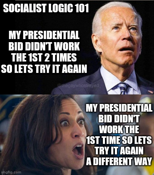 SOCIALIST LOGIC 101; MY PRESIDENTIAL BID DIDN'T WORK THE 1ST 2 TIMES SO LETS TRY IT AGAIN; MY PRESIDENTIAL BID DIDN'T WORK THE 1ST TIME SO LETS TRY IT AGAIN A DIFFERENT WAY | image tagged in kamala harriss,joe biden | made w/ Imgflip meme maker