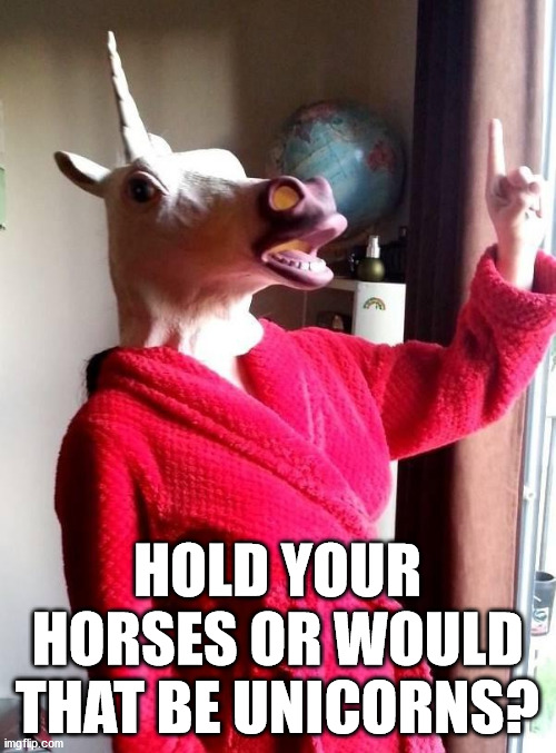 hold your what? | HOLD YOUR HORSES OR WOULD THAT BE UNICORNS? | image tagged in hold your horses,unicorn man | made w/ Imgflip meme maker