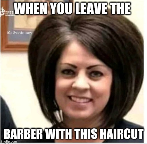 Everyone is gonna run I stg- | WHEN YOU LEAVE THE; BARBER WITH THIS HAIRCUT | image tagged in mega karen | made w/ Imgflip meme maker