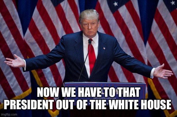 Donald Trump | NOW WE HAVE TO THAT PRESIDENT OUT OF THE WHITE HOUSE | image tagged in donald trump | made w/ Imgflip meme maker