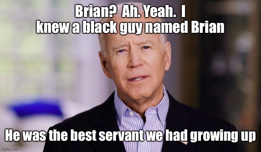 Joe Biden 2020 | Brian?  Ah. Yeah.  I knew a black guy named Brian He was the best servant we had growing up | image tagged in joe biden 2020 | made w/ Imgflip meme maker