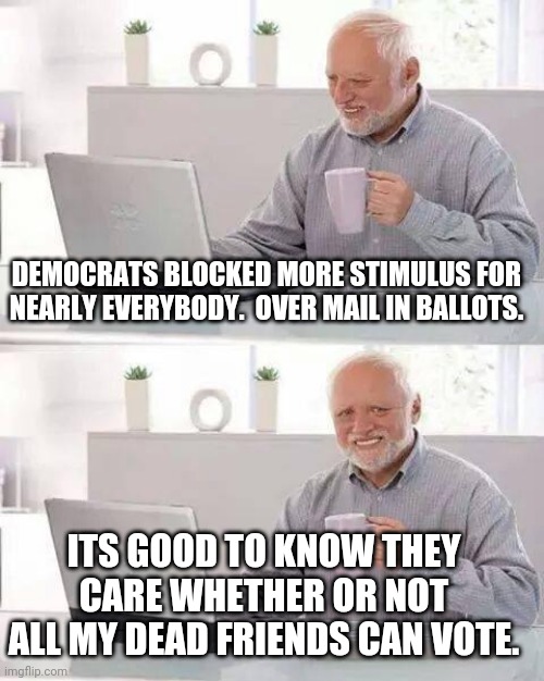 Mail in ballot fraud | DEMOCRATS BLOCKED MORE STIMULUS FOR NEARLY EVERYBODY.  OVER MAIL IN BALLOTS. ITS GOOD TO KNOW THEY CARE WHETHER OR NOT ALL MY DEAD FRIENDS CAN VOTE. | image tagged in memes,hide the pain harold | made w/ Imgflip meme maker