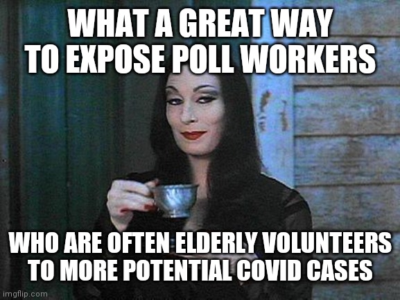 Morticia drinking tea | WHAT A GREAT WAY
TO EXPOSE POLL WORKERS WHO ARE OFTEN ELDERLY VOLUNTEERS
TO MORE POTENTIAL COVID CASES | image tagged in morticia drinking tea | made w/ Imgflip meme maker