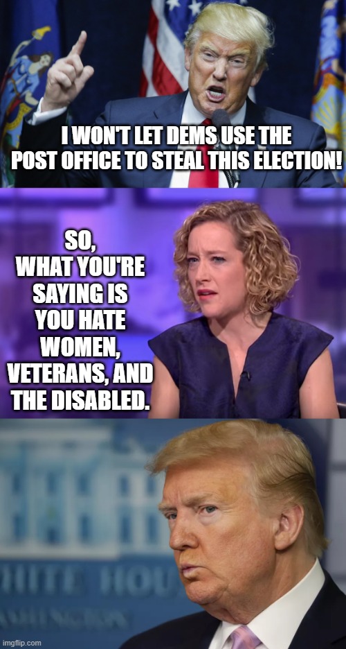 MSNBC Johnson accused Trump of hating women, vets, and disabled b/c he doesn't trust mail-in ballots | SO, WHAT YOU'RE SAYING IS YOU HATE WOMEN, VETERANS, AND THE DISABLED. I WON'T LET DEMS USE THE POST OFFICE TO STEAL THIS ELECTION! | image tagged in jordan peterson - so what you're saying,trump,post office,election,msnbc | made w/ Imgflip meme maker