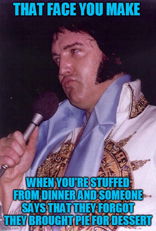 Uhh Thankya, Thankya  Vurry Much | THAT FACE YOU MAKE; WHEN YOU'RE STUFFED FROM DINNER AND SOMEONE SAYS THAT THEY FORGOT THEY BROUGHT PIE FOR DESSERT | image tagged in elvis,elvis week 2020 | made w/ Imgflip meme maker