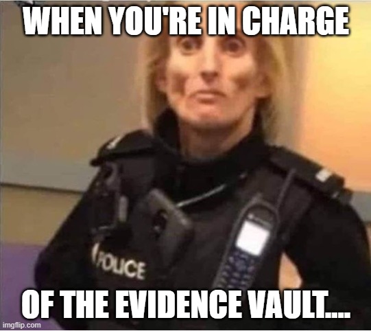 meth cop | WHEN YOU'RE IN CHARGE; OF THE EVIDENCE VAULT.... | image tagged in meth cop | made w/ Imgflip meme maker